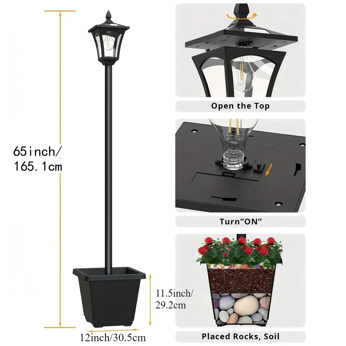 65" Solar Lamp Post Light with Planter, 60 Lumens Warm White Solar Garden Light, Waterproof Patio Decor