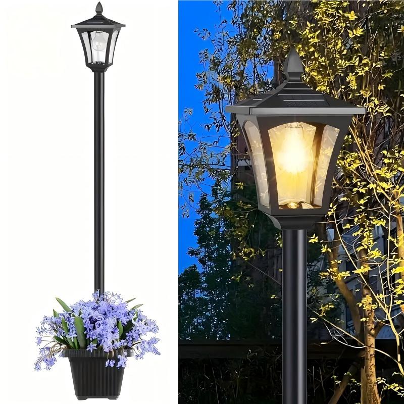 65" Solar Lamp Post Light with Planter, 60 Lumens Warm White Solar Garden Light, Waterproof Patio Decor
