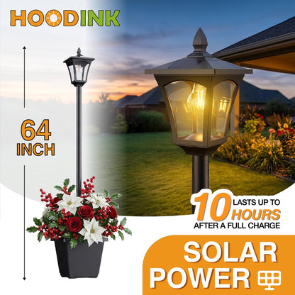 65" Solar Lamp Post Light with Planter, 60 Lumens Warm White Solar Garden Light, Waterproof Patio Decor